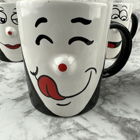 Vintage Funny Face 3D Red Nose Coffee Mug Cup Set of 4 Black White - Picture 2 of 10